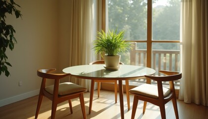 Bright Dining Room with Round Table, Stylish Chairs, and Plant, Bathed in Natural Light