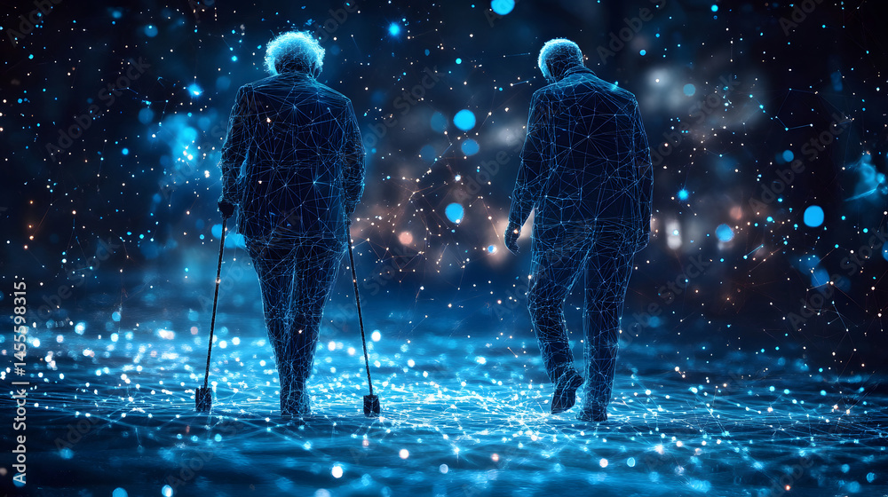 Poster elderly figures stroll through a glowing, digital landscape. wireframe forms suggest a futuristic wo