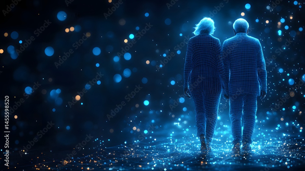 Poster Futuristic figures walk into a digital world. Glowing lines connect underfoot, illuminated by bright blue light against a bokeh-filled dark backdrop. Abstract Digital low-poly wireframe connected dots