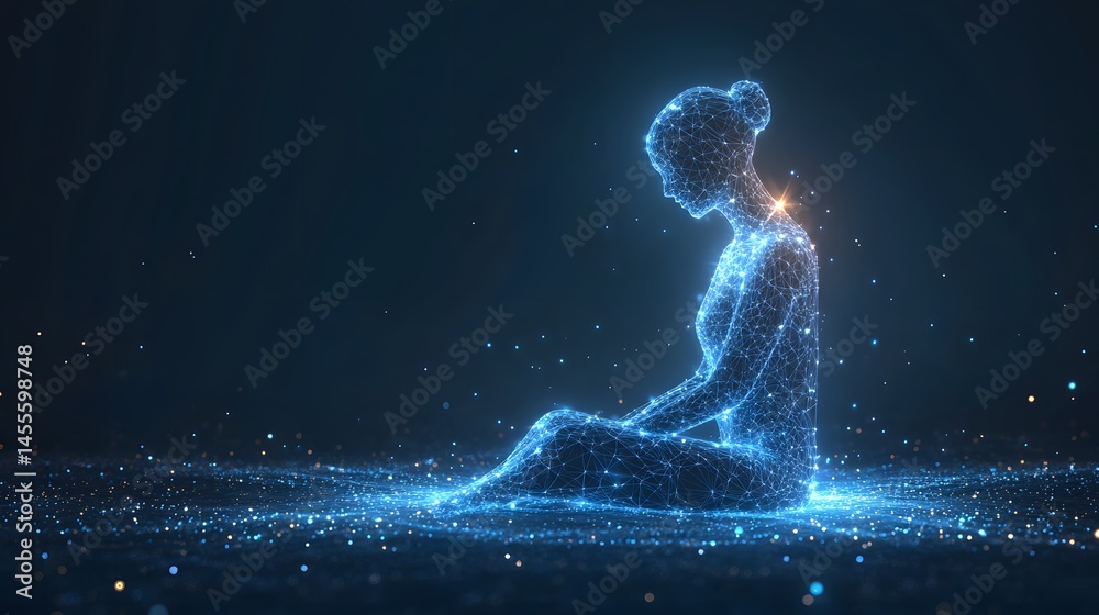 Poster futuristic digital woman in meditation. glowing wireframe figure against dark starry backdrop. abstr