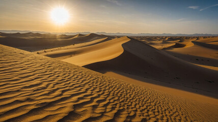 Sunset Over Majestic Sand Dunes in Vast Desert Landscape