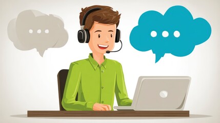 Customer Support Specialist Engaging in Online Communication with Speech Bubbles and Laptop