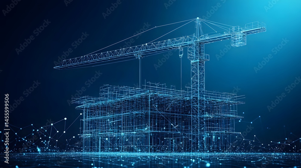 Leinwandbilder Conceptual construction site rendered in glowing blue lines. A digital representation emphasizing structure and connectivity in building processes. Abstract Digital low-poly wireframe connected