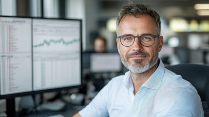 Professional man in office with monitors displaying financial data, focused and confident
