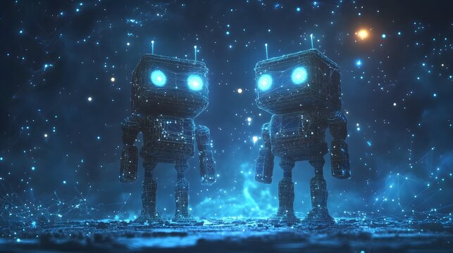 Futuristic robots stand on an alien world under a starry sky. Their glowing eyes and wireframe bodies suggest advanced technology. Abstract Digital low-poly wireframe connected dots in dark blue