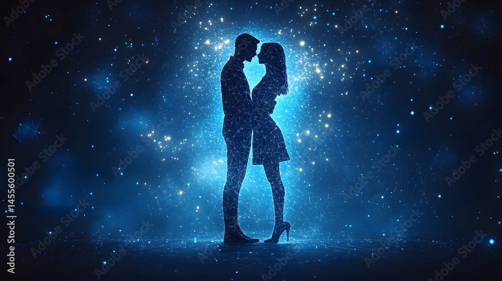 Poster a digital embrace in the night sky. interconnected figures suggest a romantic connection. ethereal a