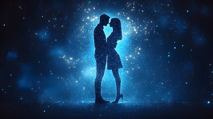 Fototapeta premium A digital embrace in the night sky. Interconnected figures suggest a romantic connection. Ethereal and modern, perfect for themes of love and technology. Abstract Digital low-poly wireframe connected