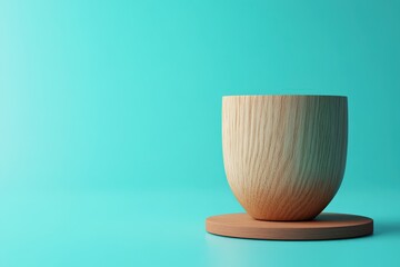 Simple wooden bowl on a platform against a teal backdrop.