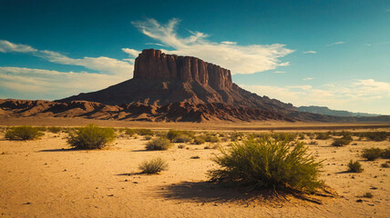 Desert Mesa Landscape with Dramatic Rock Formation under Clear Sky