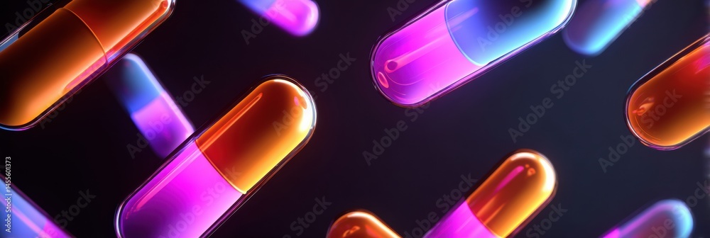 Aufkleber Floating Neon Glow Capsules in a Dark Medical-Themed Environment Create a Captivating Visual Experience of Modern Healthcare Aesthetics Generative AI