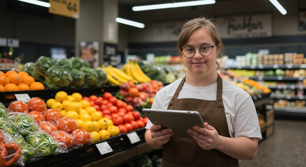 Smiling woman with Down syndrome working in grocery store. Employee with tablet in produce section. Inclusion and diversity concept. World Down Syndrome Day.