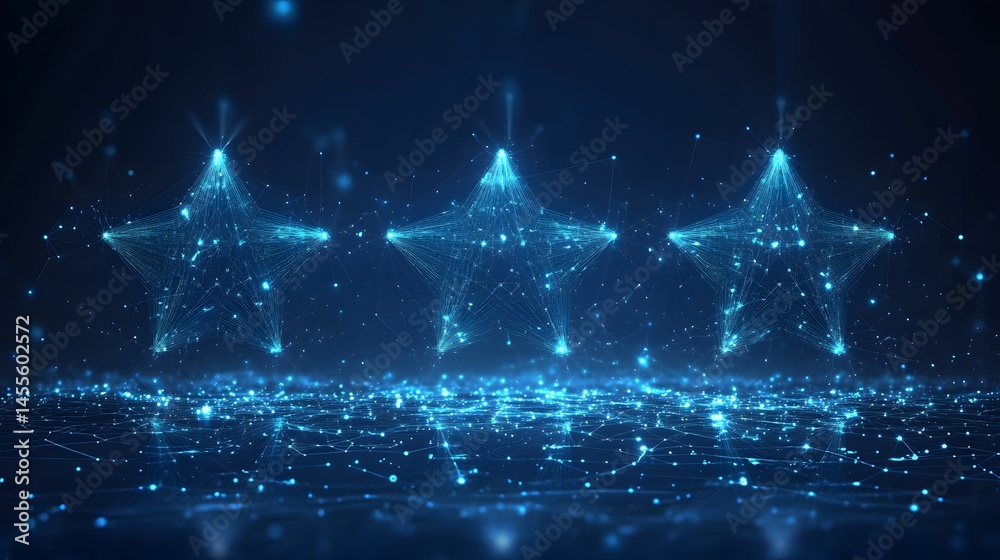 Aufkleber Three glowing stars align, connected by a blue network. Light rays emit upwards, against a deep backdrop, creating a futuristic digital effect. Abstract Digital low-poly wireframe connected