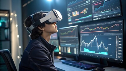 An individual wearing a virtual reality headset interacting with floating financial data visualizations, depicting immersive technology in financial analysis and data exploration.