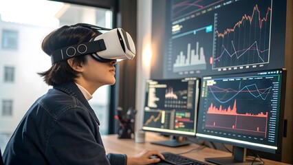 An individual wearing a virtual reality headset interacting with floating financial data visualizations, depicting immersive technology in financial analysis and data exploration.