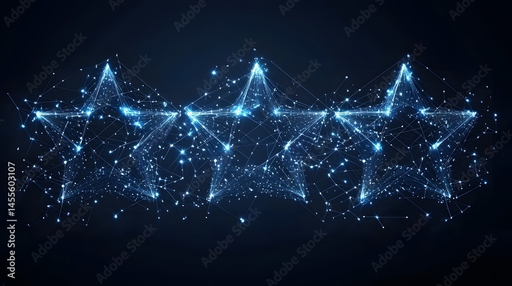 Aufkleber Futuristic, interconnected stars shimmer on a dark blue canvas. Digital constellations glow with network connections. Abstract Digital low-poly wireframe connected dots in dark blue
