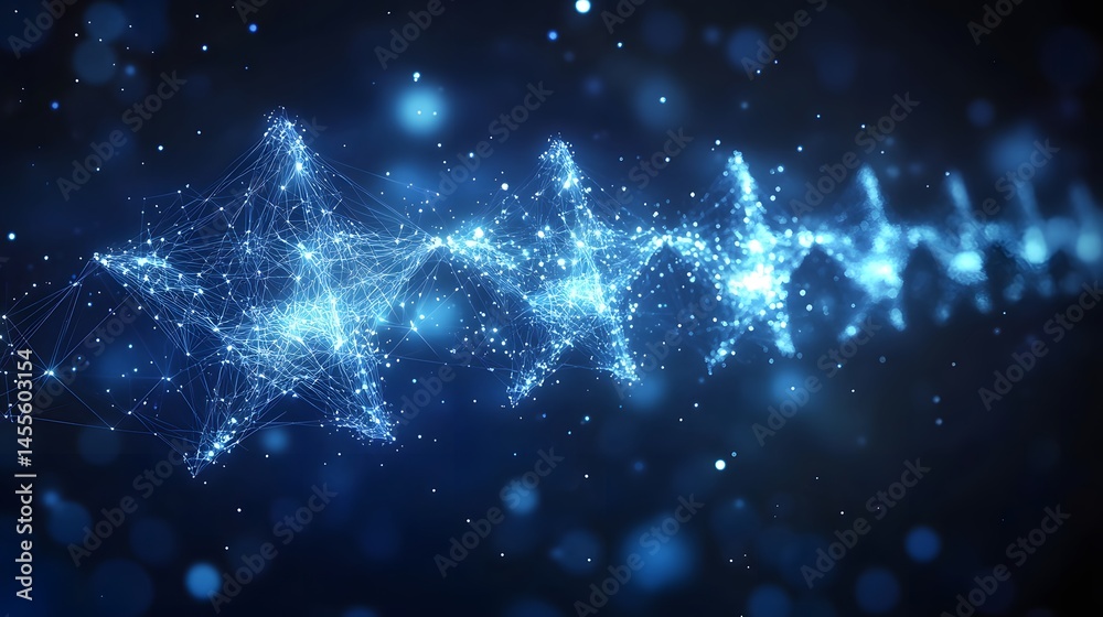 Poster Futuristic digital network abstraction. Glowing DNA-like helix, interconnected nodes radiate light against a dark, bokeh-filled background. Abstract Digital low-poly wireframe connected
