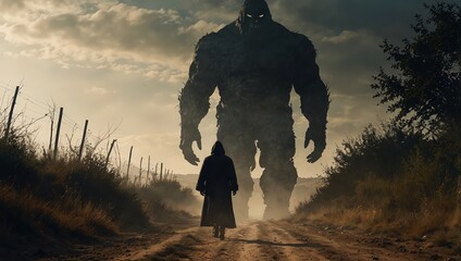 A towering figure looms on a dusty country lane a massive man with rugged features cloaked in shadows