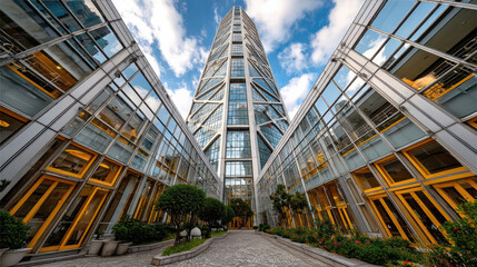 Fototapeta premium Futuristic skyscraper with glass facade and vibrant surroundings, showcasing modern architecture