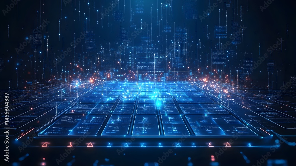 Poster futuristic cityscape of glowing blue and red lights against a dark backdrop, showcasing interconnect