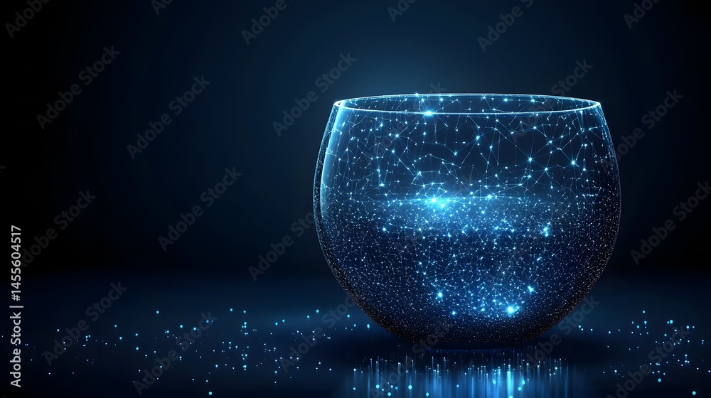Fototapete Intricate network of interconnected blue dots and lines within a transparent bowl on a reflective surface. Abstract Digital low-poly wireframe connected dots in dark blue