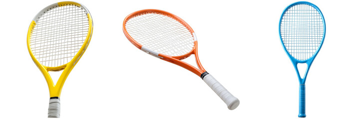 Three isolated tennis rackets in yellow, orange, and blue showcasing their distinct styles and designs, perfect for any tennis enthusiast looking for variety