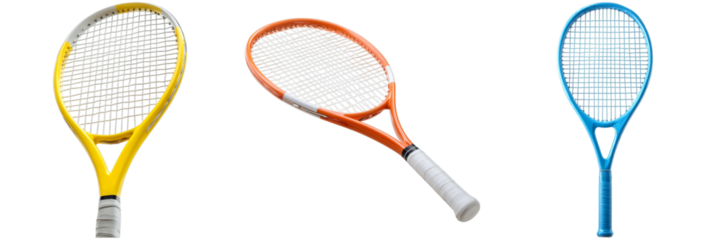 Three isolated tennis rackets in yellow, orange, and blue showcasing their distinct styles and designs, perfect for any tennis enthusiast looking for variety