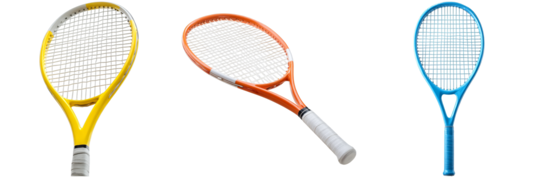 Three isolated tennis rackets in yellow, orange, and blue showcasing their distinct styles and designs, perfect for any tennis enthusiast looking for variety