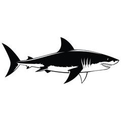 This bold, black-and-white vector artwork features a fierce shark in mid-turn, mouth open to reveal sharp, intimidating teeth. 