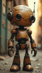 Vintage Mechanical Automaton with Antennae Standing on Street Pavement, Featuring Detailed Weathering and Retro Robotics Design