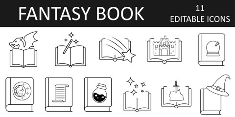 Fantasy book icon sheet featuring magical symbols like dragons, wands, castles, and crystal balls. Perfect for fantasy genre themes and storytelling visuals.