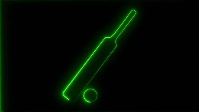 Glowing neon cricket bat and ball icon with animated on black background.