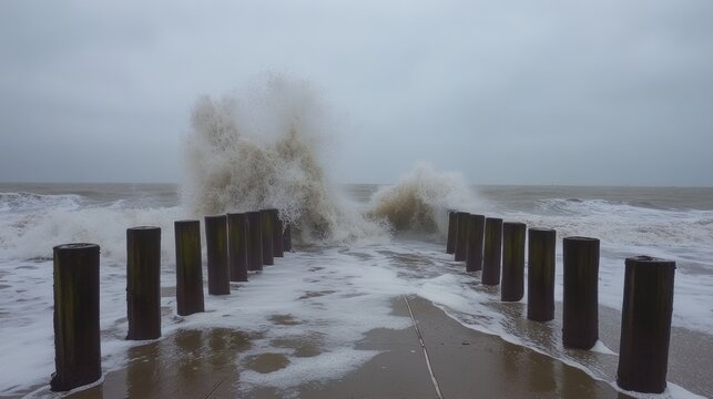Dramatic ocean waves crashing on wooden posts stormy seascape