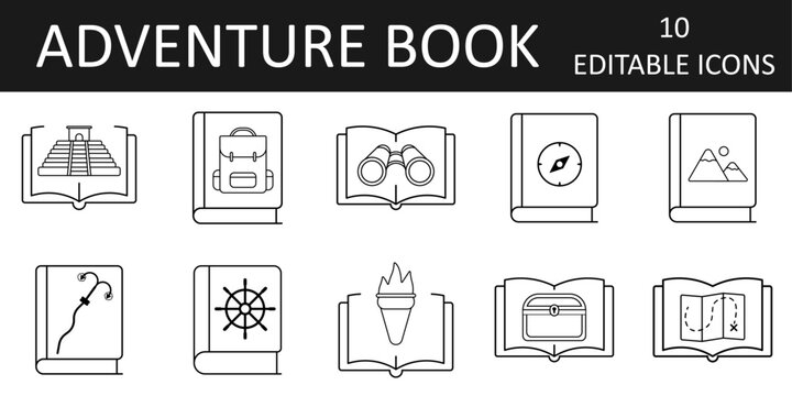 Adventure book icon sheet featuring maps, mountains, compasses, and treasure symbols. Ideal for journey-themed designs and exploration genre illustrations.