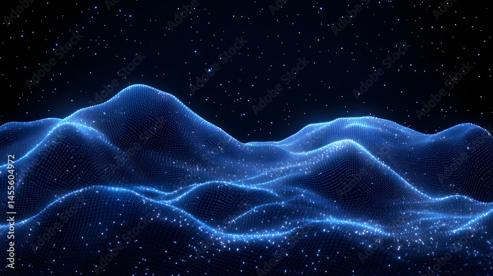 Poster a captivating digital landscape rendered in vivid blue. wavy wireframes create depth, while white do