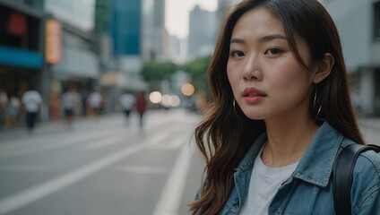 Portrait of Asian Woman Enjoying City Life in Casual Attire

