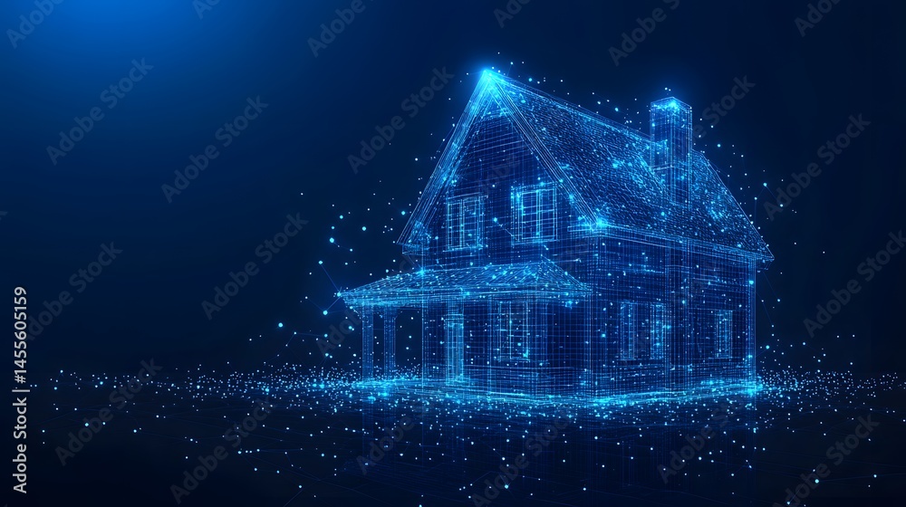 Leinwandbilder futuristic home concept. a glowing blue wireframe house with a network of connected dots, set agains