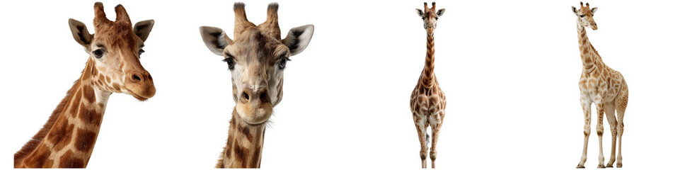 Fototapeta premium Giraffe showcases its unique features and long neck against a transparent background, emphasizing its distinctive spots and curious expression