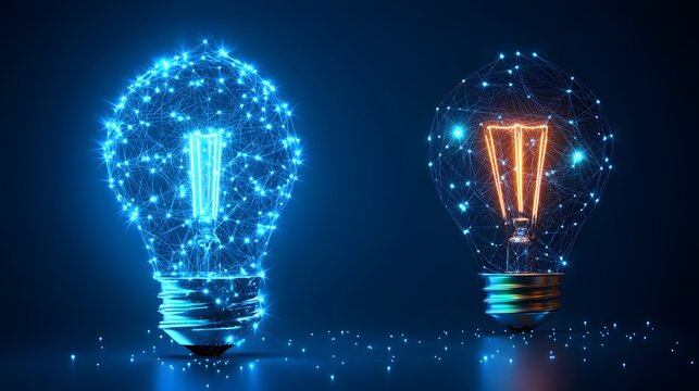 Vintage meets future! Two stylized lightbulbs shine on a dark blue backdrop. One's a cool blue tech marvel, the other a warm, vintage glow. Abstract Digital low-poly wireframe connected
