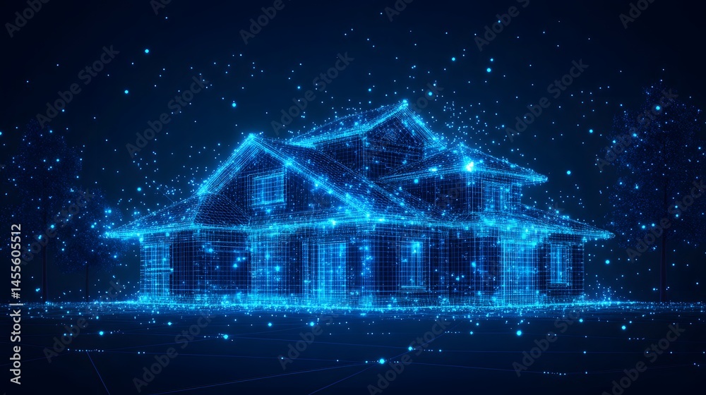Poster blue wireframe house stands in a digital starfield, showcasing modern architectural design and futur