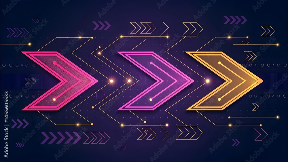 Poster three colorful arrows pointing right with connecting lines and dots on a dark blue background