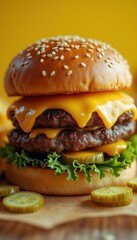 Delicious double cheeseburger with melted cheese, fresh lettuce, and crisp pickles stacked on a sesame seed bun.