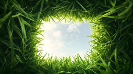 Green grass forms a square frame around the cloudy sky