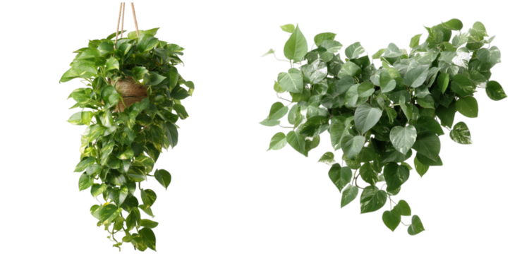 Lush indoor plant displays trailing green leaves, elegantly hanging from a jute pot. Perfect for brightening living spaces or enhancing home decor