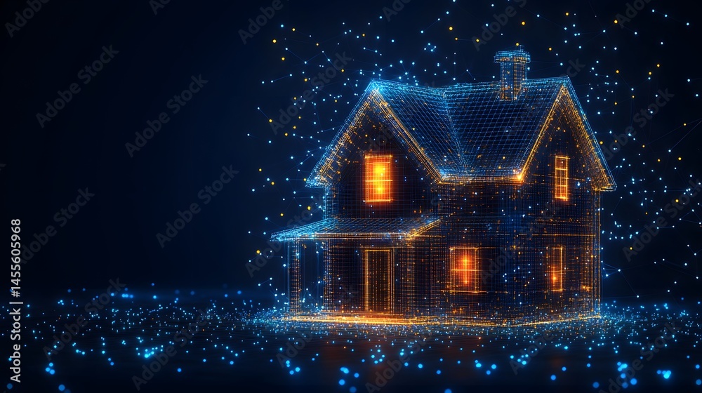 Fototapete A digitally rendered smart home, depicted as a glowing blue and orange wireframe model, symbolizing connectivity and modern technology. Abstract Digital low-poly wireframe connected dots in dark blue.