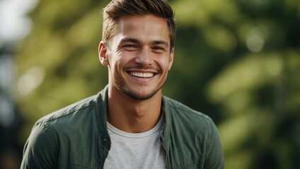 Joyful Portrait of a Young Man with Green Backdrop
