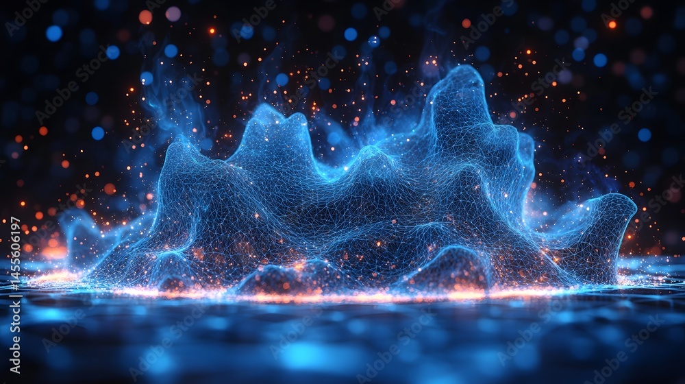 Poster futuristic digital landscape with glowing orange particles flowing from a luminous blue network. rep