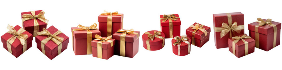 Obraz premium A collection of gift boxes in red and gold, featuring various shapes and sizes ideal for celebrations. Perfect for birthdays, holidays, and special occasions