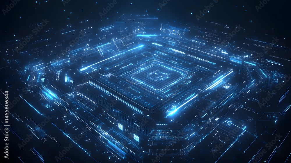 Aufkleber a futuristic, complex digital network illuminated by bright blue lights, suggesting advanced technol