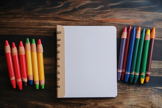 Blank notebook, colored crayons, and pencils on a wooden surface