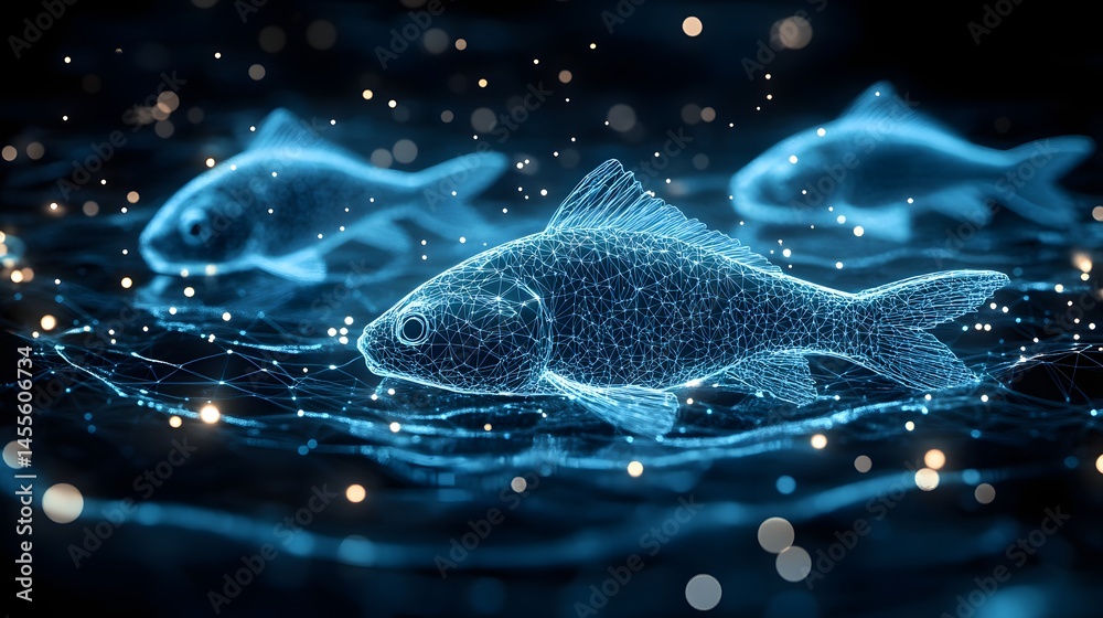 Poster futuristic fish swim in the deep. a digital wireframe creature leads two blurred companions through 